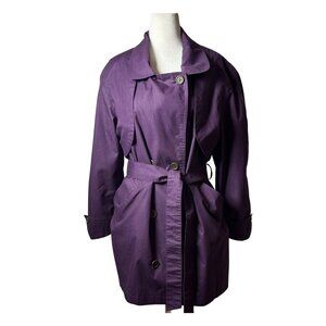 Womens M Vintage Purple Double-Breasted Mid Trench Coat belted plaid lining